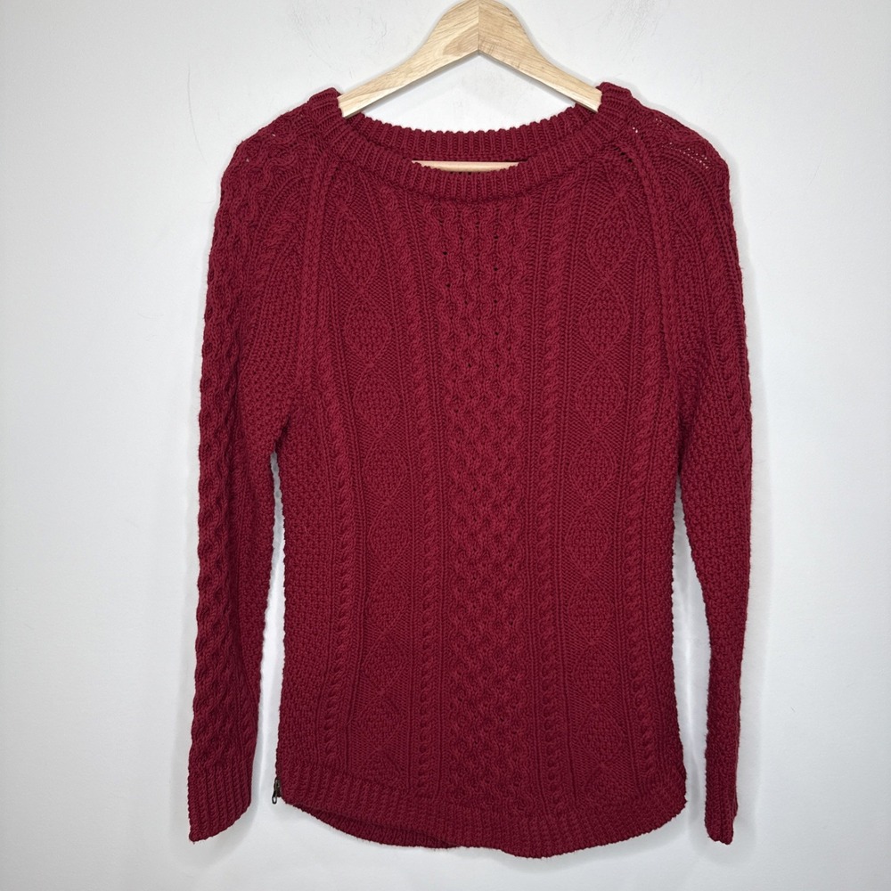 Vintage LL Bean Chunky Fisherman Sweater Women XS Red Cable Knit Zip Minimalist